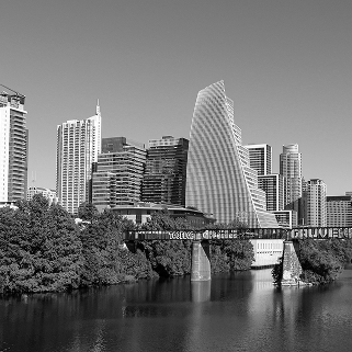 A black and white photo of austin city.