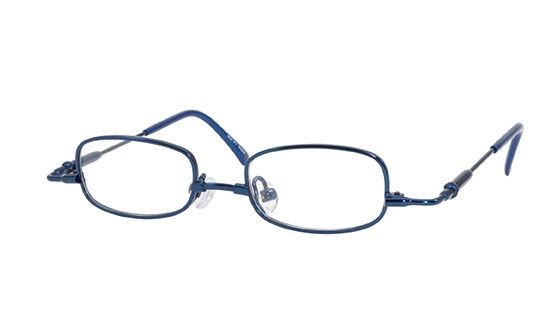 Blue rectangular eyeglasses with thin metal frames and clear nose pads.