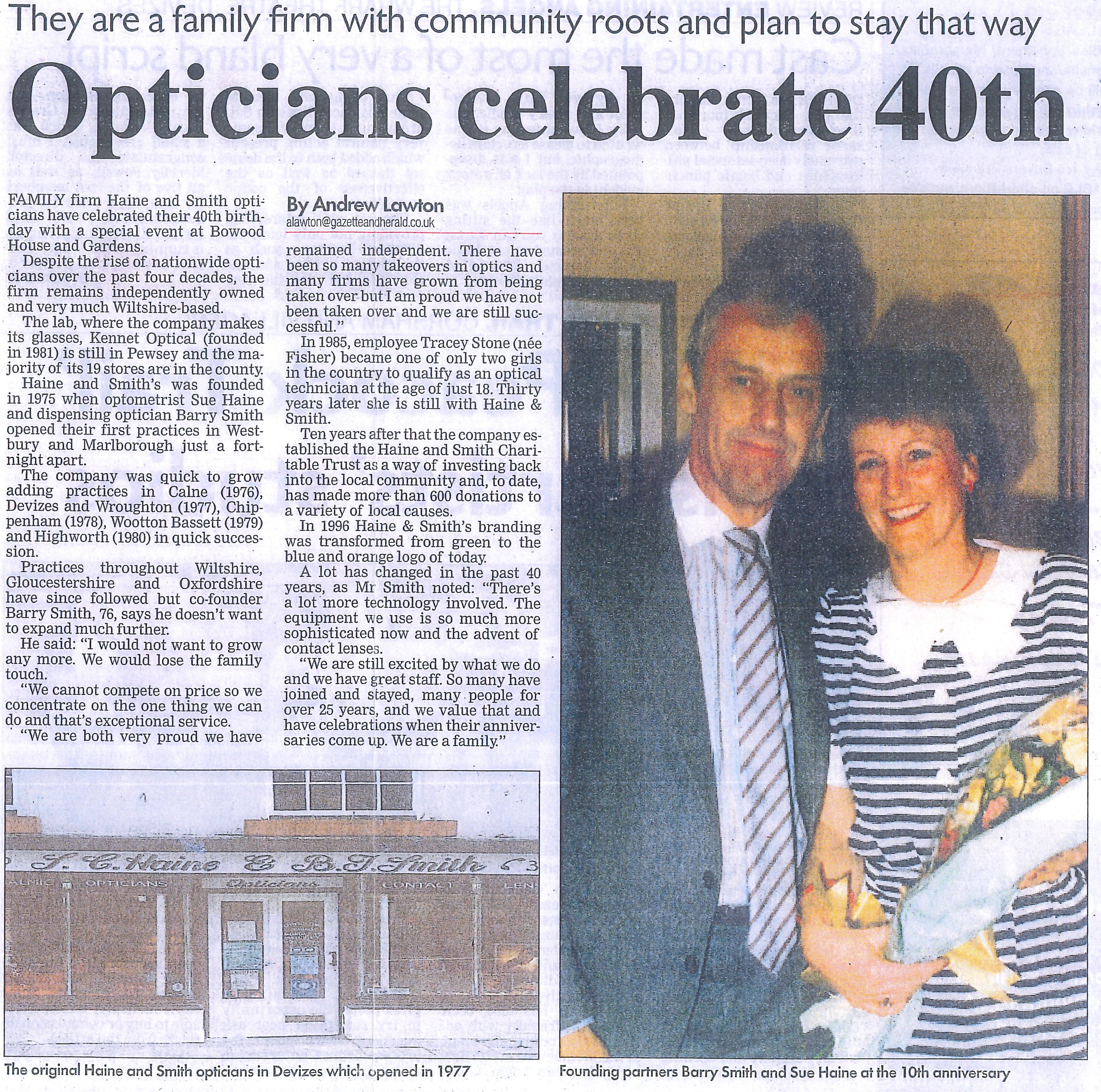 Newspaper clipping about Haine and Smith opticians' 40th anniversary with photo of founders Smith and Haine.