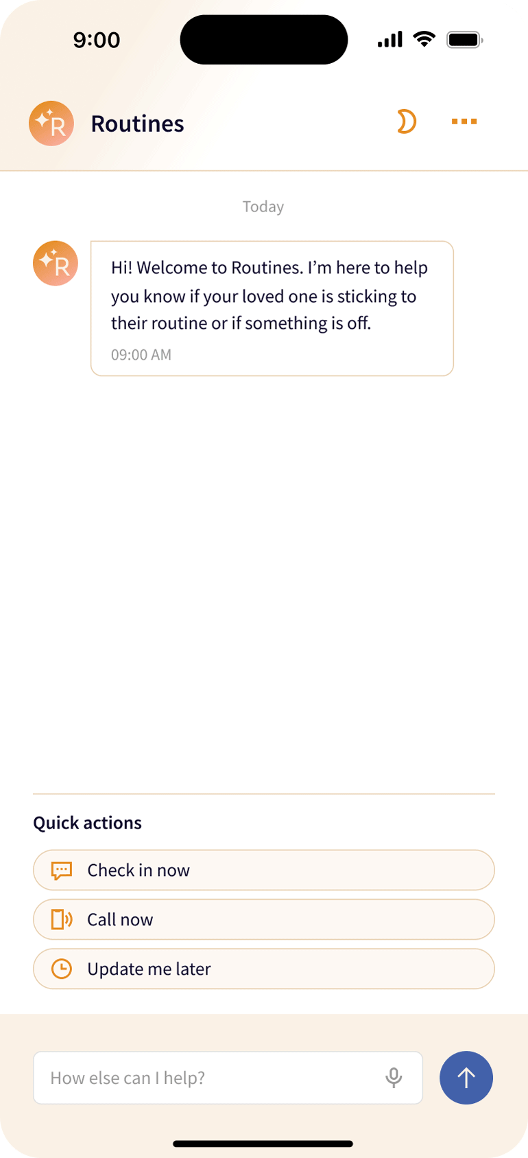 A mobile app interface for "Routines" shows a chat where a user checks in on their dad’s activity, with responses indicating his morning routine appears normal and options for further action.