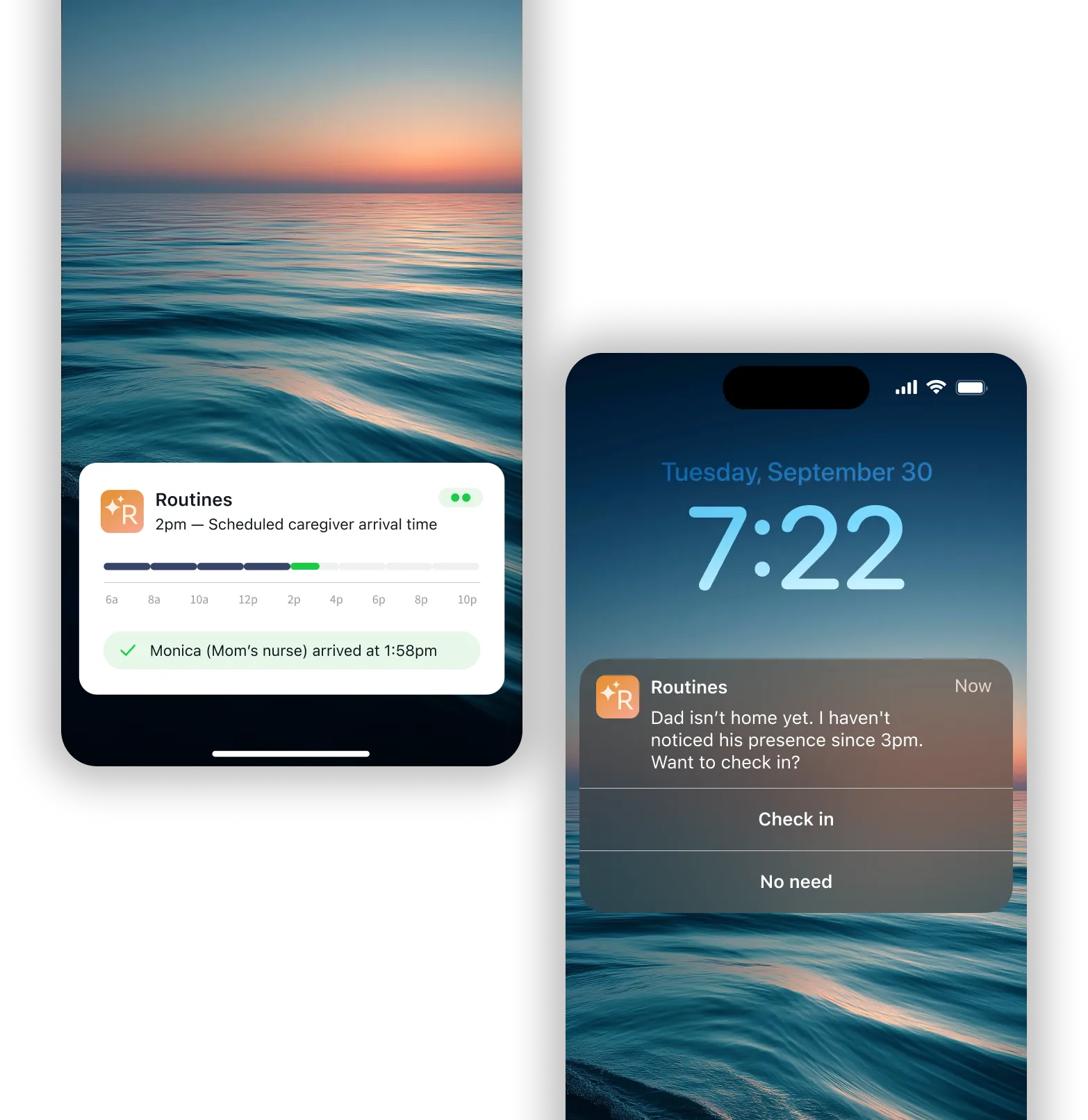 A Routines app notification on a phone screen confirms that Monica, the scheduled caregiver, arrived at 1:58 p.m. against a serene ocean sunset background.
A smartphone lock screen displays a Routines app alert that Dad hasn’t been detected since 3 p.m., prompting the user to check in or dismiss.
