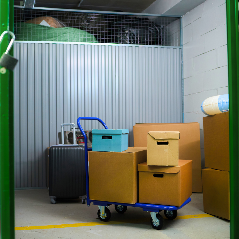 Clean self-storage unit containing stacked moving boxes, a rolling cart, luggage, and household belongings, illustrating storage unit cleanouts, junk removal, and moving services in Medina, Ohio.