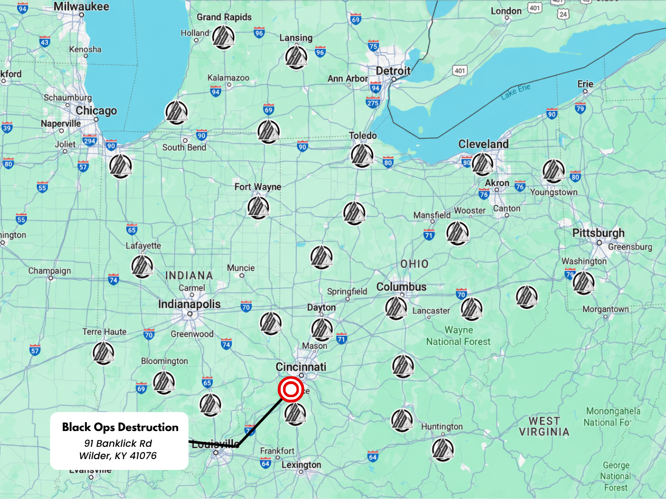 Map of Black Ops Destruction locations and service coverage throughout Ohio and the Midwest