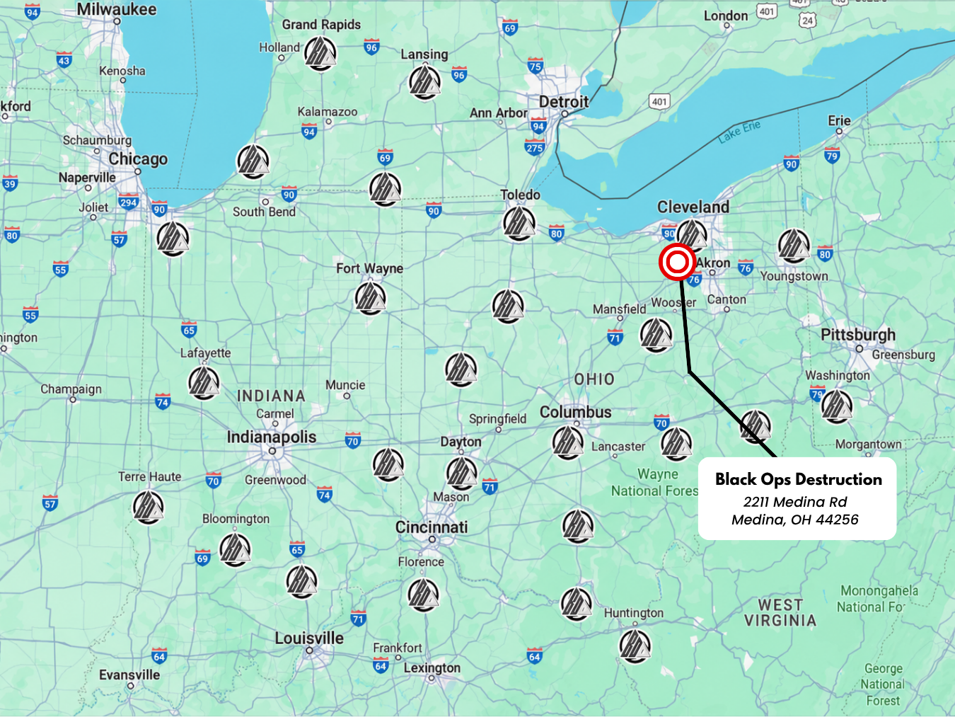 Map of the Black Ops Destruction location serving Cleveland and Northeast Ohio
