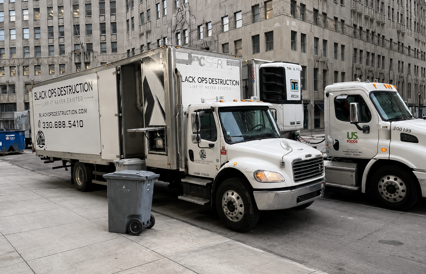 Black Ops Destruction mobile shredding truck providing on-site document shredding in downtown Cleveland
