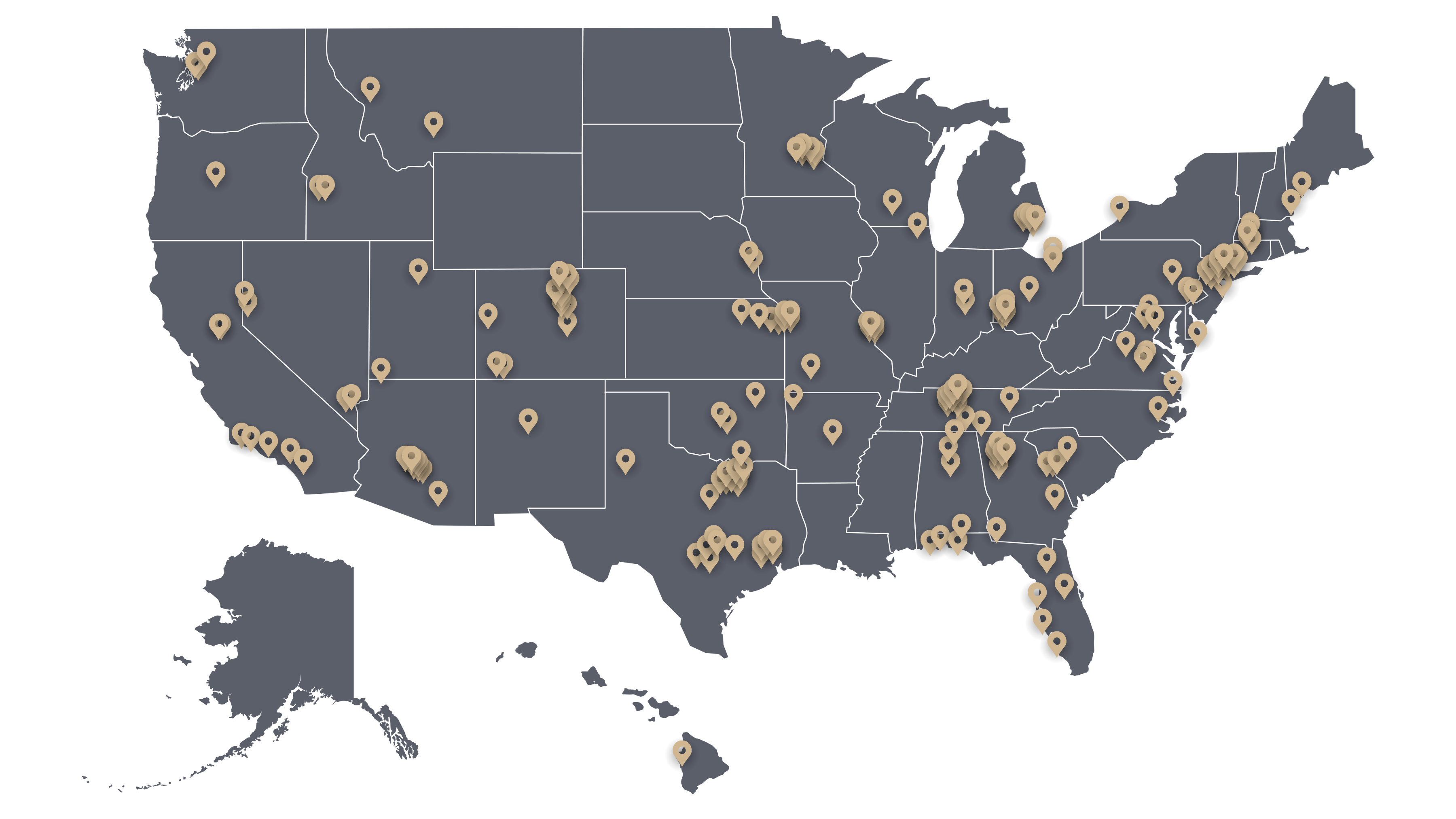 A map of the United States with location markers dropped on all locations where a City Lifestyle magazine is being published