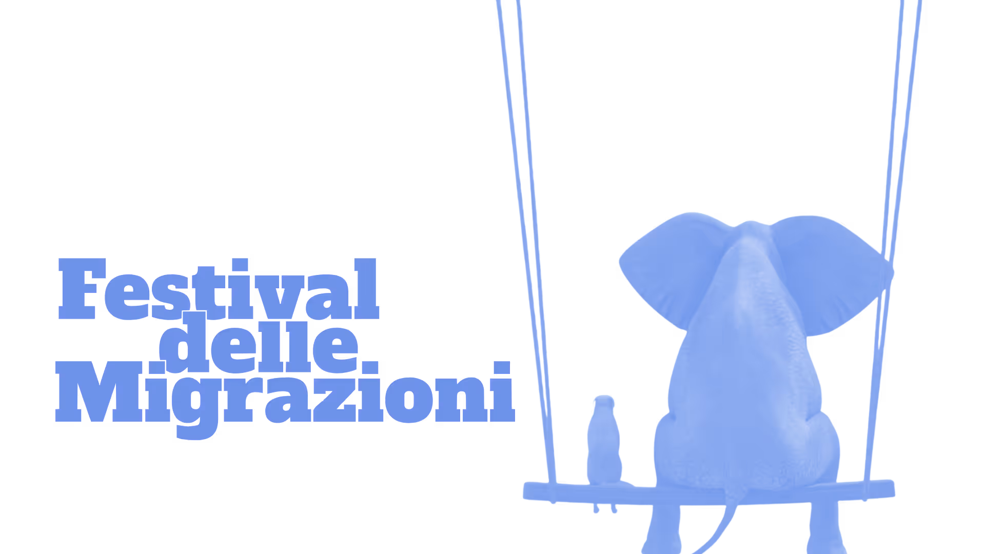 Hero section, titolo archivio con le due mascotte del festival delle migrazioni su un'altalena.