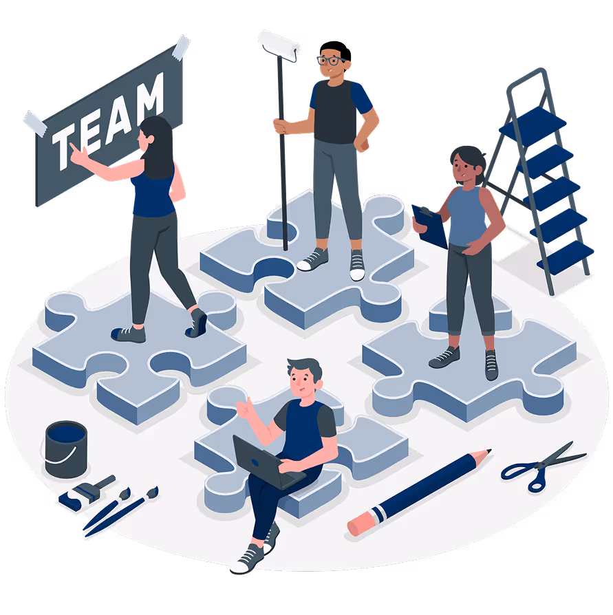 Four people on large puzzle pieces collaborating, with one holding a paint roller, another placing a TEAM sign, one sitting with a laptop, and another holding a clipboard, surrounded by art supplies and a step ladder.