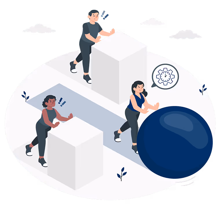 Three people pushing large objects, two pushing white cubes appearing frustrated, one pushing a large blue sphere with a gear and clock icon signifying efficiency.