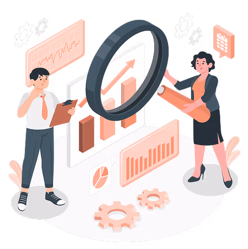 Two professionals analyzing rising bar and pie charts with a large magnifying glass and gears around them.