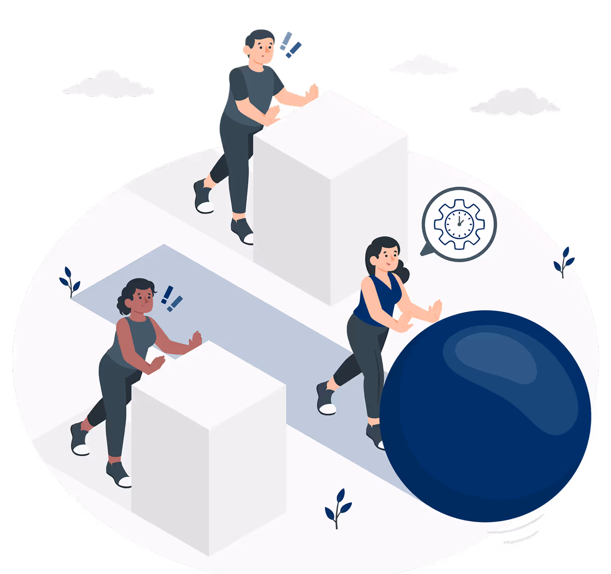 Three people pushing objects, two pushing white cubes with effort while one pushes a large blue sphere representing efficiency.