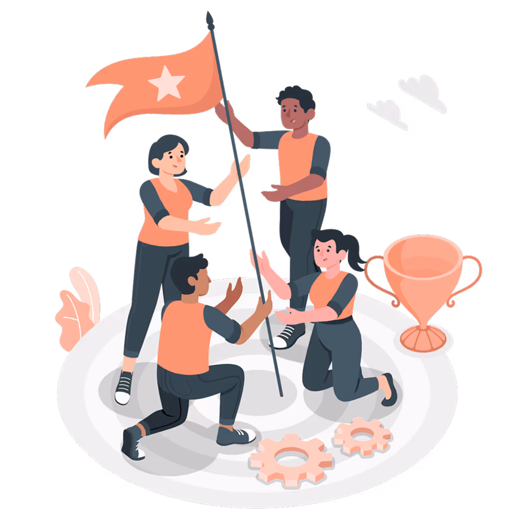 Team of four people holding a flag with a star, standing on a target with gears and a trophy nearby, symbolizing achievement.