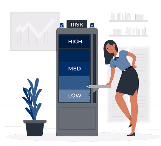 A woman in office attire pointing at the low risk level on a vertical risk indicator board with levels high, med, and low in an office setting.