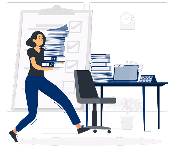 Woman carrying large stacks of papers and folders in an office with desk, chair, clock, and potted plant.