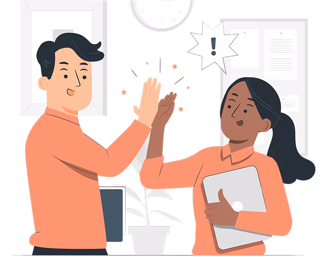 Two colleagues wearing coral shirts giving a high five in an office setting, one holding a laptop.