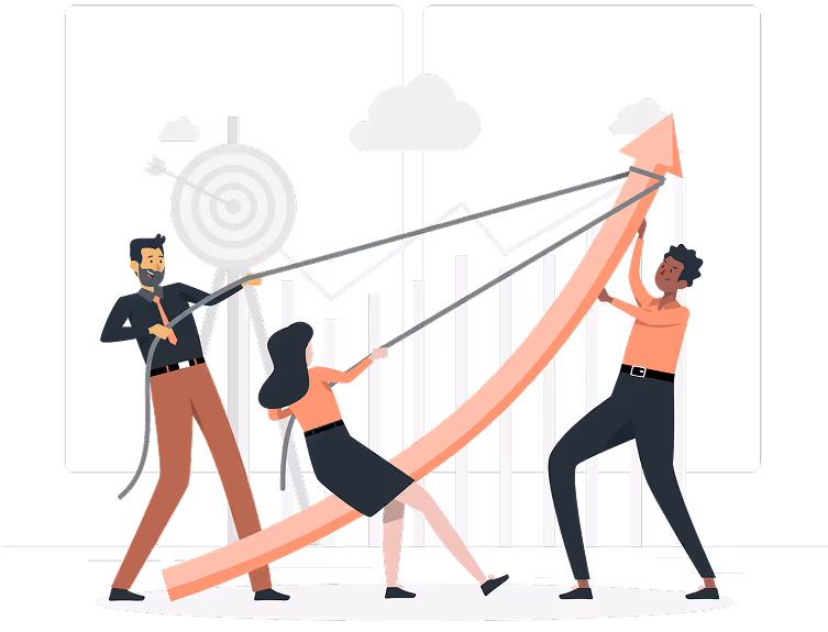 Three people collaboratively pulling up a large upward arrow in front of a bar chart and target, symbolizing team effort to achieve growth.