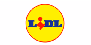 Lidl logo with blue letters and a red symbol on a yellow circle background.