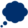Blue thought bubble icon with three smaller bubbles leading to the larger cloud shape.