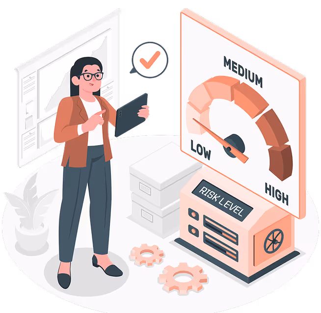 Person holding a tablet stands next to a machine displaying a risk level meter pointing to low risk.