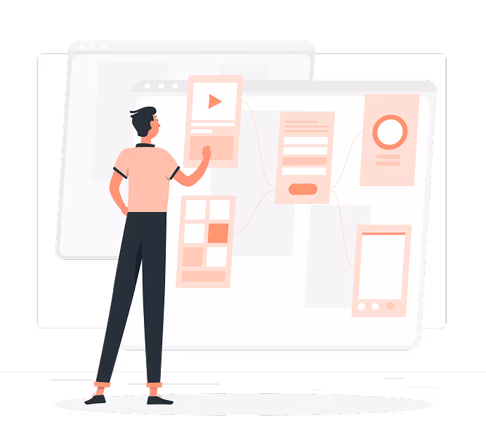 Person standing and interacting with a large digital interface showing multiple connected windows or panels with icons and text.