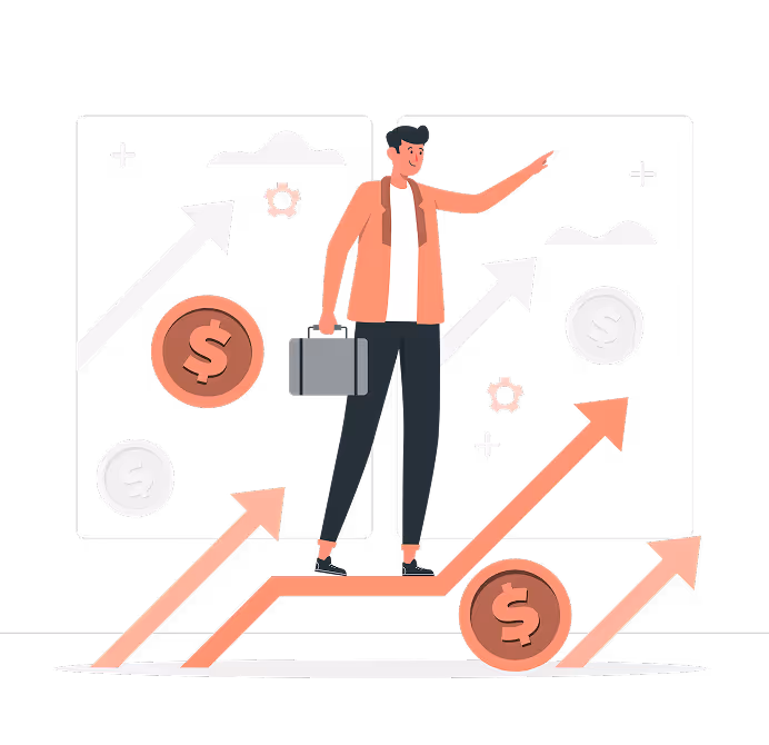 Businessman holding a briefcase and pointing ahead amid rising arrows and dollar signs symbolizing financial growth.