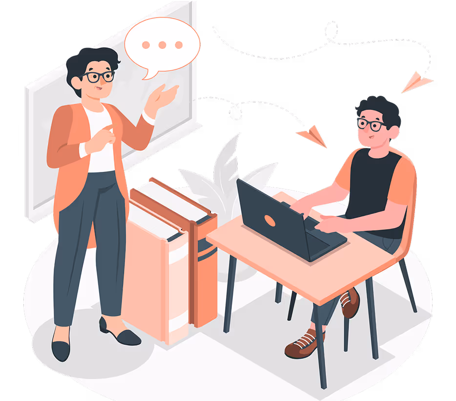 Illustration of a person standing and talking with a speech bubble while another person sits at a desk using a laptop, connected by flying paper planes.