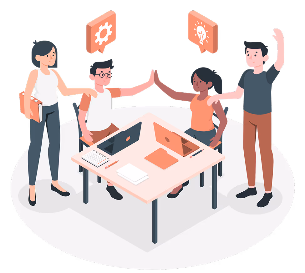 Four colleagues collaborating around a table with laptops, two high-fiving, one with a gear icon above and another with a lightbulb icon.