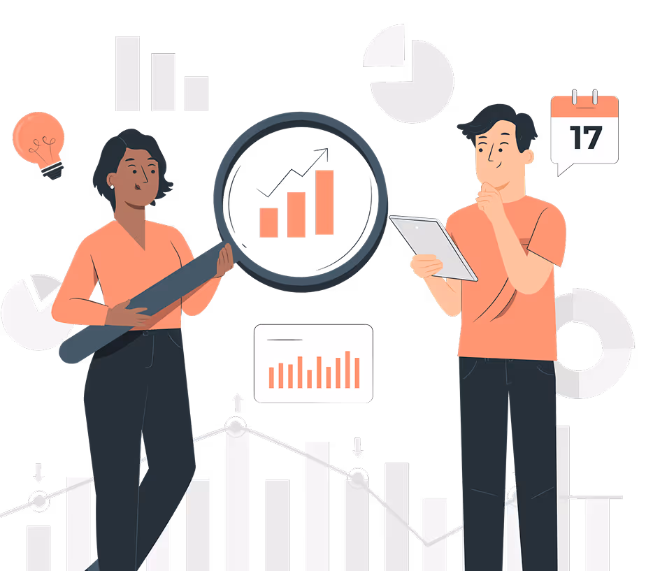 Two people analyzing data with charts, graphs, and calendar icons, one holding a magnifying glass and the other using a tablet.