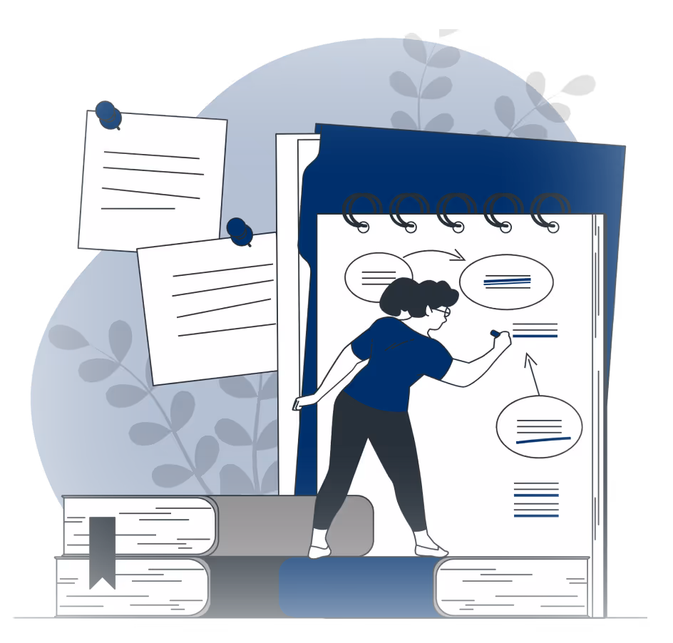 Illustration of a person writing on a large spiral notebook surrounded by books and pinned notes.