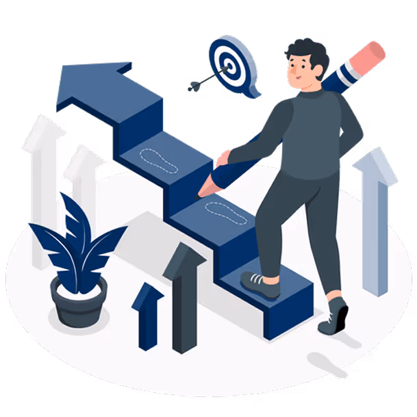 Illustration of a person climbing blue stairs shaped like an upward arrow, holding a large pencil, with a target and arrows in the background symbolizing progress and goal achievement.