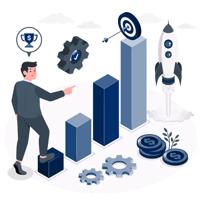 Illustration of a man pointing at rising bar charts with a target, gears, dollar coins, and a rocket launching in the background, symbolizing business growth and success.