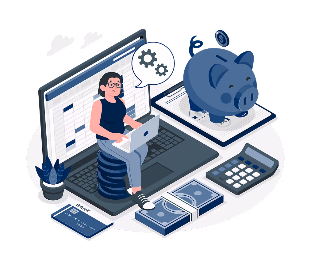 Illustration of a woman with a laptop sitting on stacked coins in front of a large laptop screen showing a spreadsheet, surrounded by a piggy bank, calculator, bank card, and stacks of money.