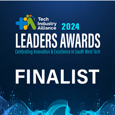 Tech Industry Alliance 2024 Leaders Awards finalist badge with blue abstract tech background.
