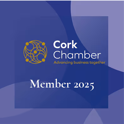 Cork Chamber logo with text 'Advancing business together' and 'Member 2025' on a blue background.