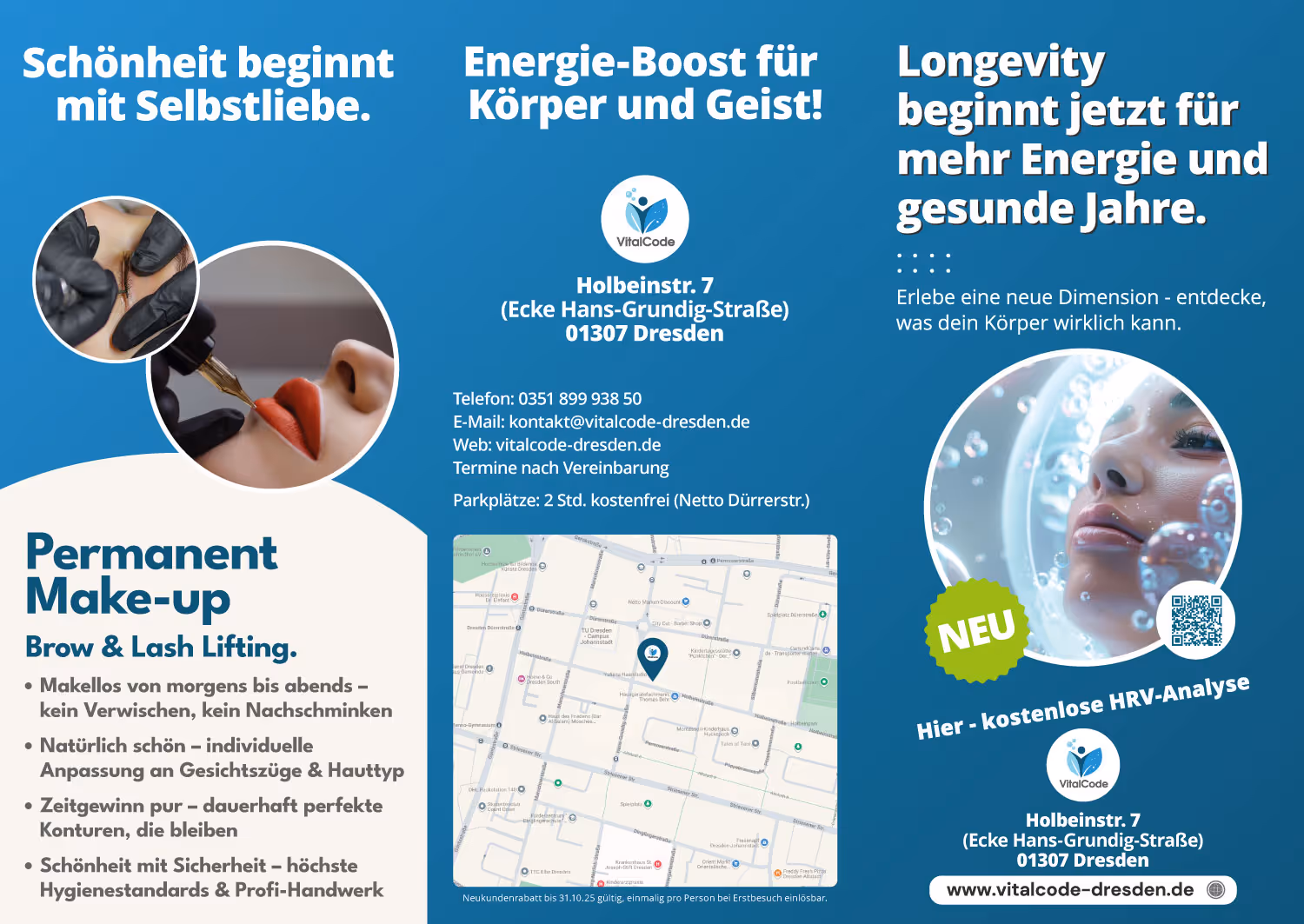 Werbeflyer für VitalCode Dresden mit Angeboten für Permanent Make-up und kostenlose HRV-Analyse, Kontaktdaten, Lagekarte und Bildern von Permanent Make-up und Gesichtsbehandlung.