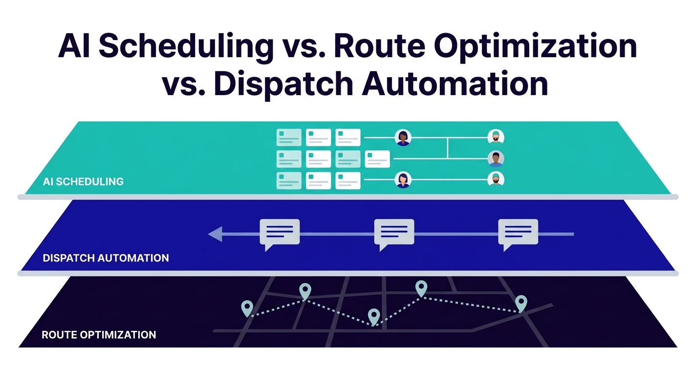 Three stacked layers labeled AI Scheduling, Dispatch Automation and Route Optimization, showing how each builds on the one below.