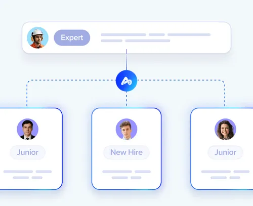 Expert technician connected through Aquant to junior technicians and a new hire, illustrating knowledge sharing at scale.”