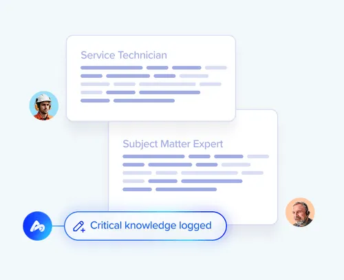 Service technician and subject matter expert contributing information that is logged into a shared knowledge system.