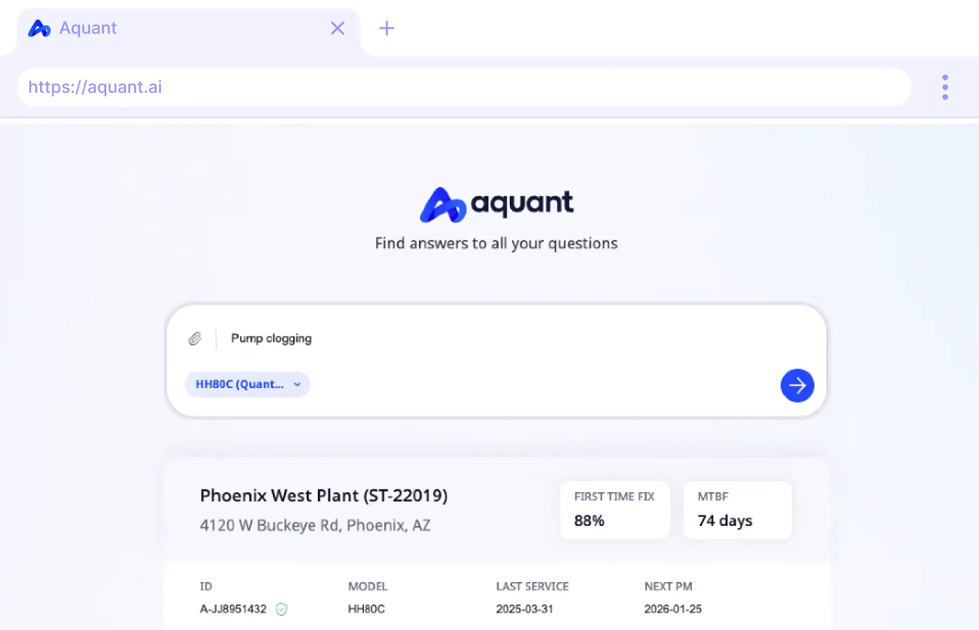 Aquant web interface displaying search for 'Pump clogging' with results for Phoenix West Plant including first-time fix rate of 88% and MTBF of 74 days.