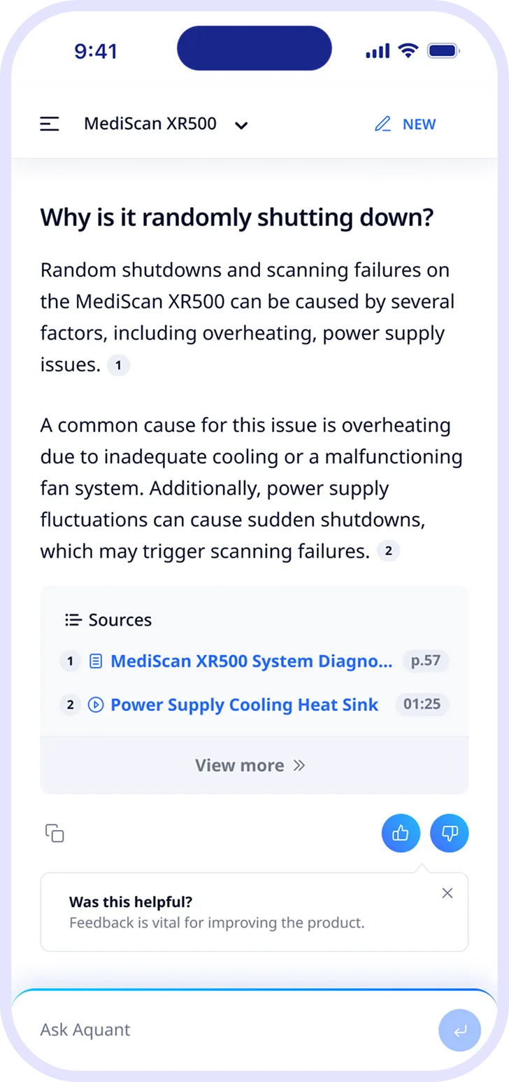 Mobile interface showing explanation on why MediScan XR500 randomly shuts down, citing overheating and power supply issues with source links.