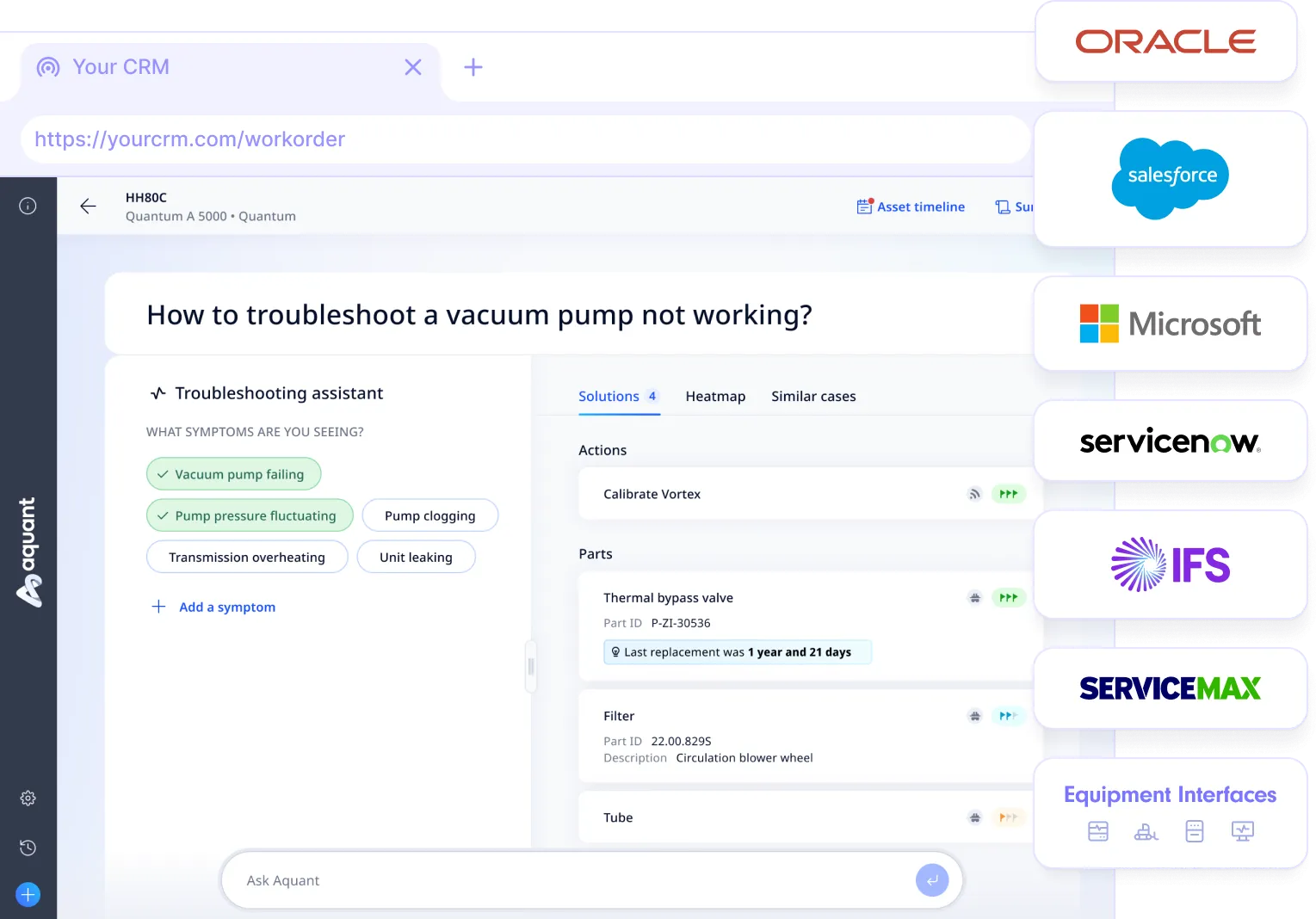 Aquant integrated in CRM displaying service case insights with Oracle, Salesforce, Microsoft and ServiceNow integrations
