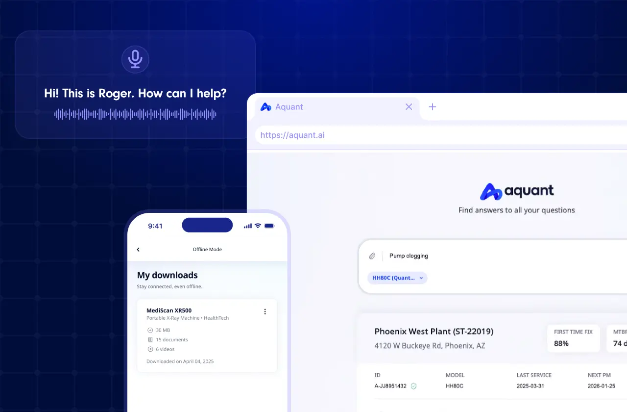 Landscape view of Aquant product platforms including browser, offline mobile, and voice ai.