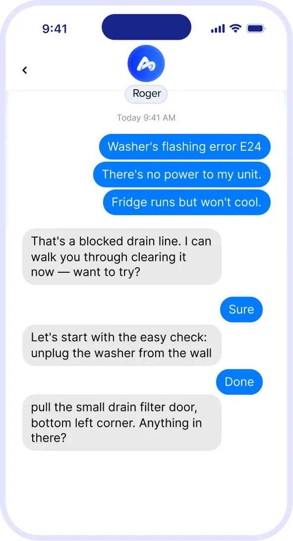 Text chat showing troubleshooting of washer error E24 and fridge not cooling with step-by-step guidance.