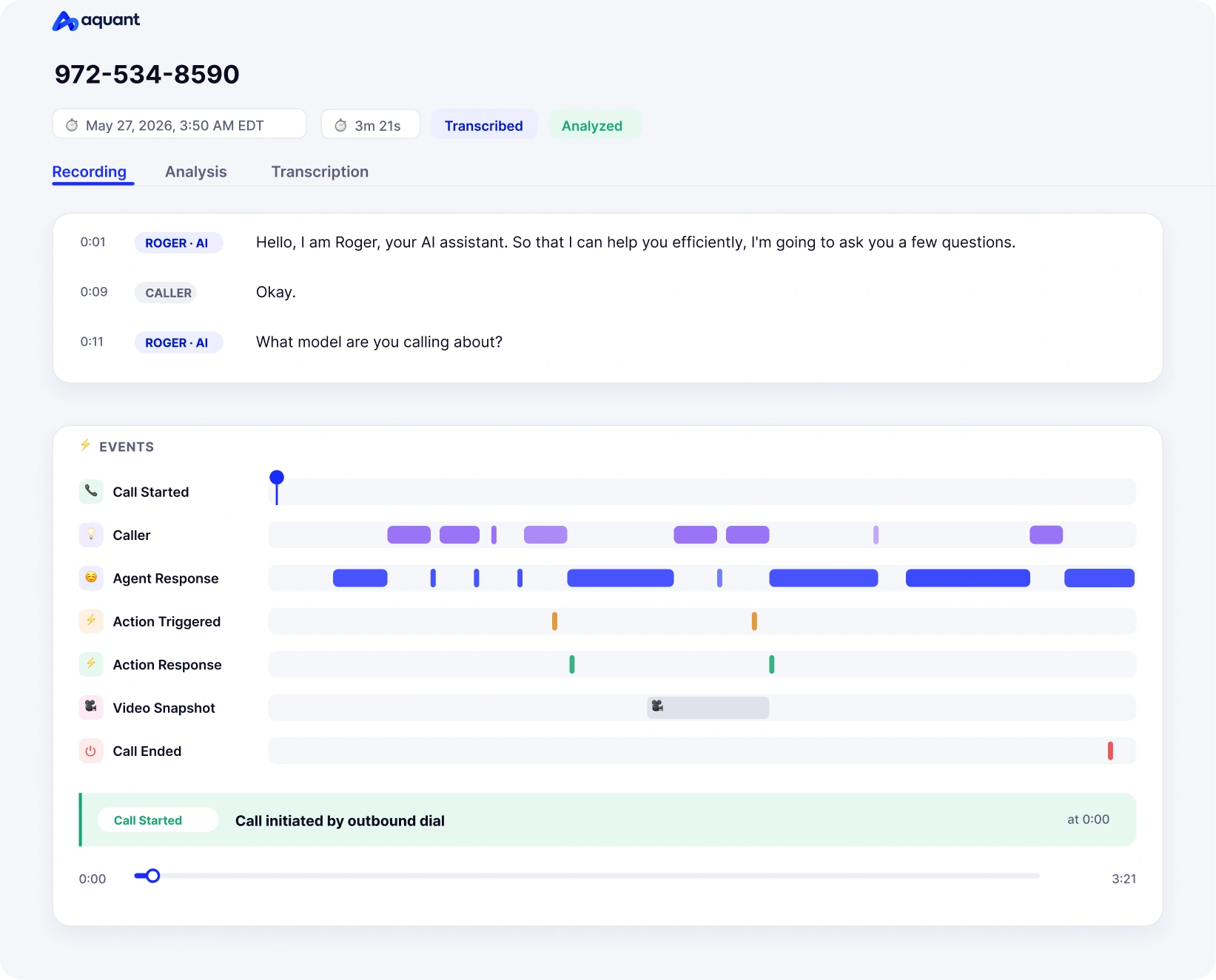 Call transcript and timeline showing AI assistant Roger asking questions and caller's responses.