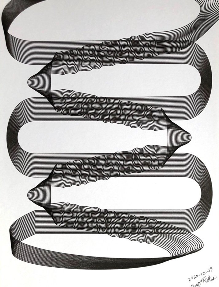 Ribbons, 2020, 9"x12", created with a pen plotter using archival quality ink on ph-neutral paper