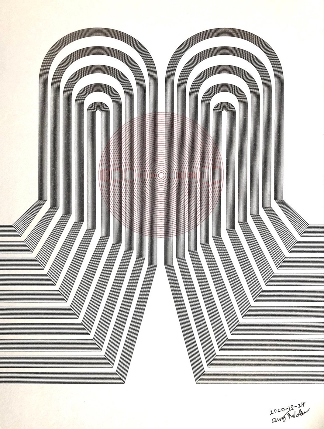 Gates, 2020, 9"x12", created with a pen plotter using archival quality ink on ph-neutral paper