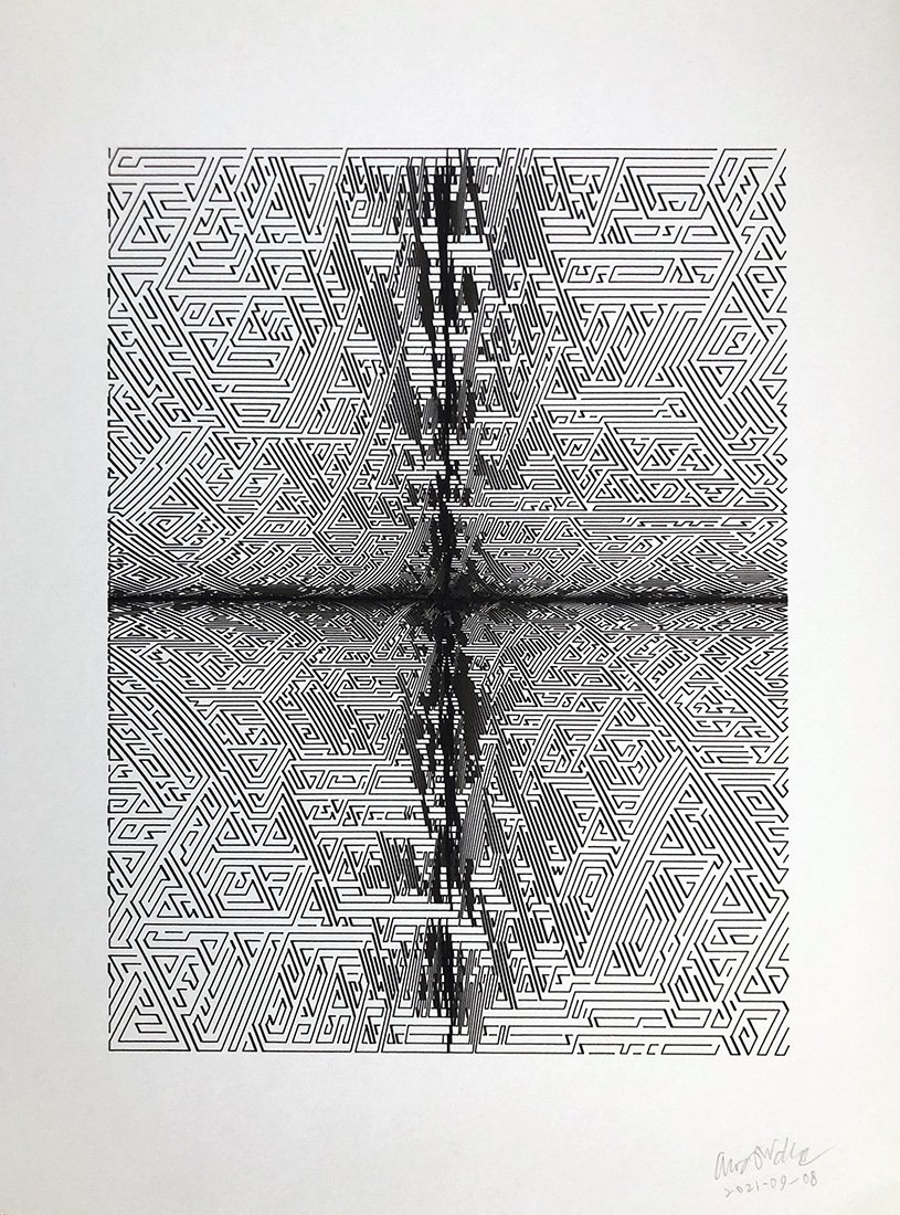 Hex Horizon, 2021, 9"x12", created with a pen plotter using archival quality ink on ph-neutral paper made with a modified flood fill algorithm