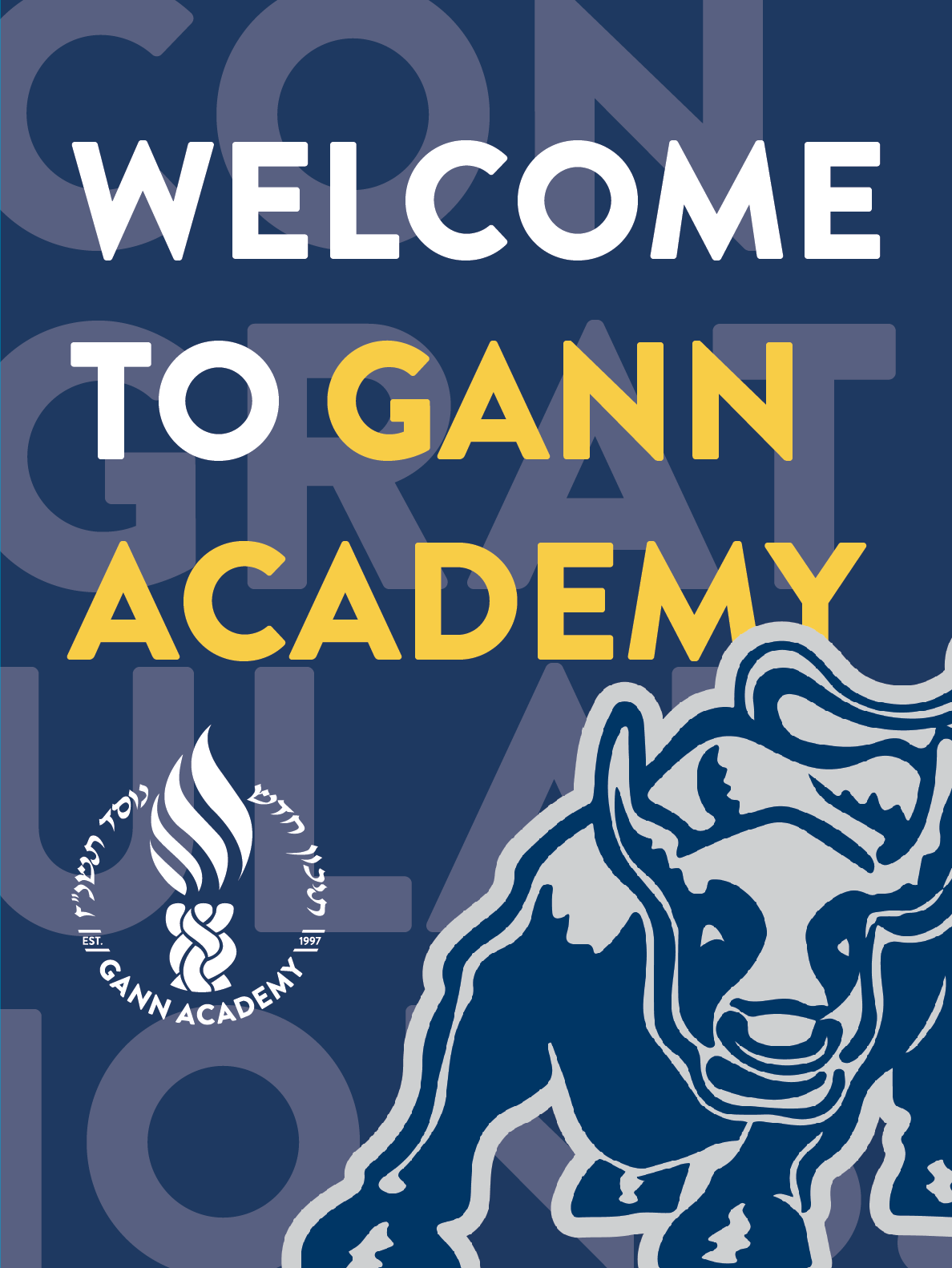 Front of Acceptance Packet folder, stating "Welcome to Gann" with Heifer mascot
