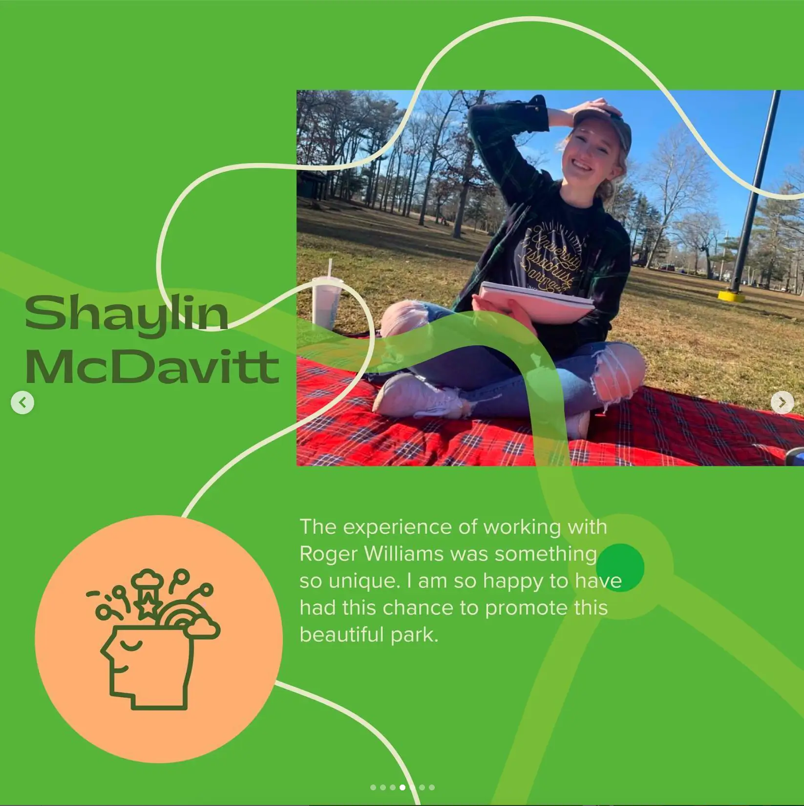 Shaylin McDavitt's profile on the Roger Williams Park Instagram post, showcasing her appreciation for being on this project