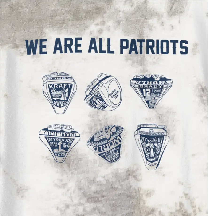Mockup of Patriots Tie Dye T-Shirt with the words: We Are All Patriots, featuring the 6 championship rings